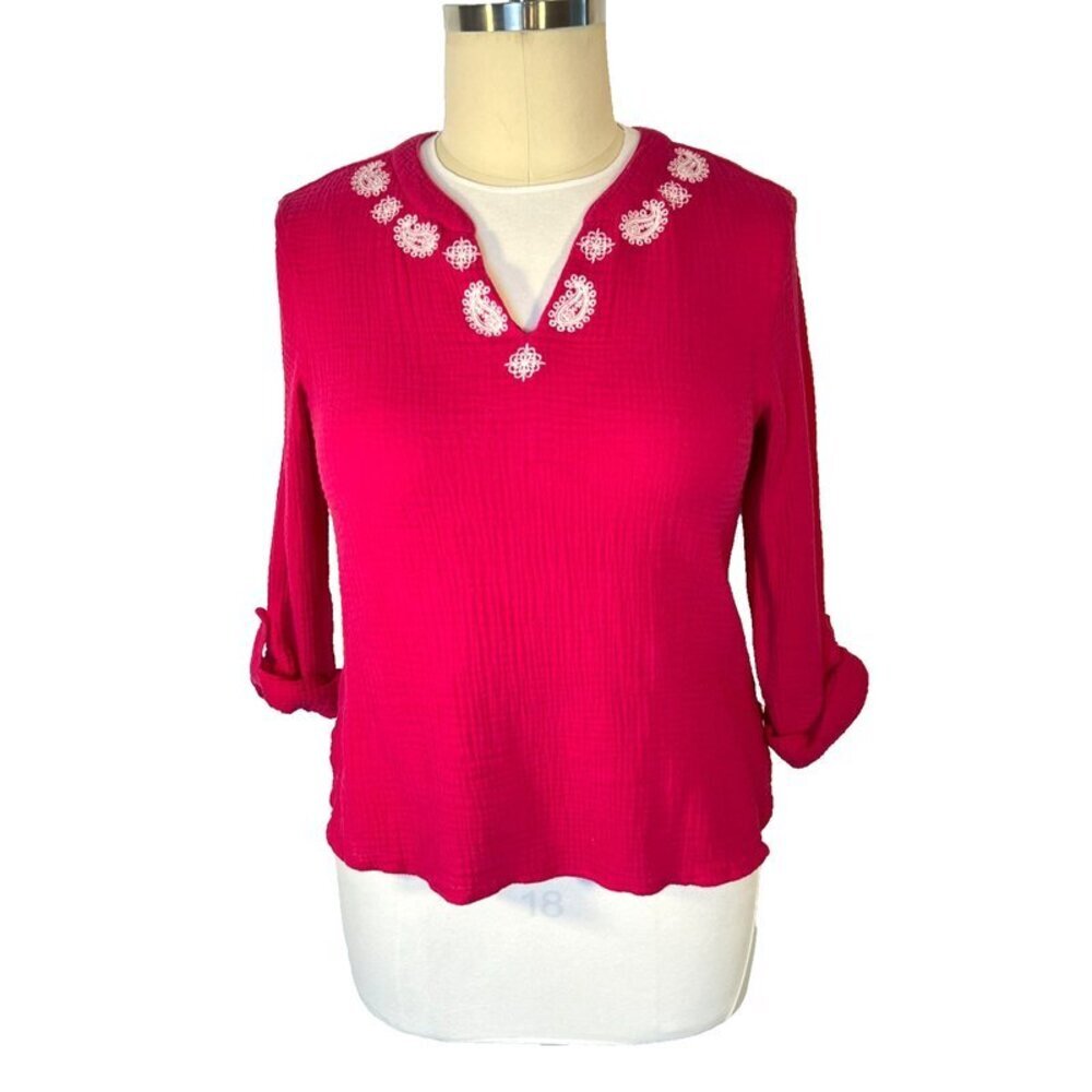 Ruby Rd. Women's L Tunic Notch V-Neck Long Roll Tab Sleeves White Embroidery